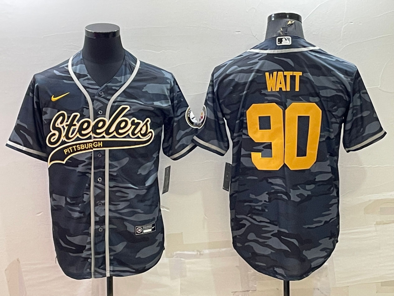 Men's Pittsburgh Steelers #90 T. J. Watt Grey/Navy Camo With Patch Cool Base Stitched Baseball Jersey